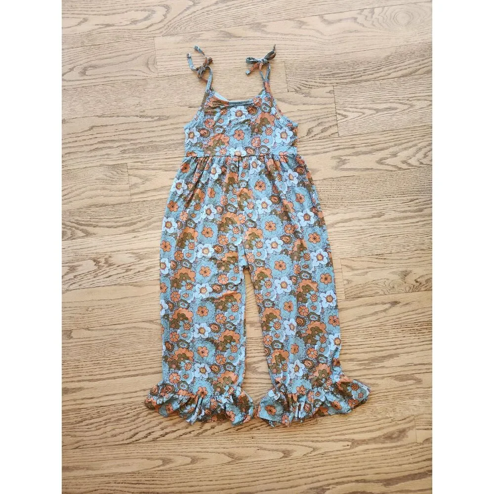 Kate Quinn 5Y Spaghetti Ruched Gauccho Jumpsuit Jadeite Mid-Century Floral New